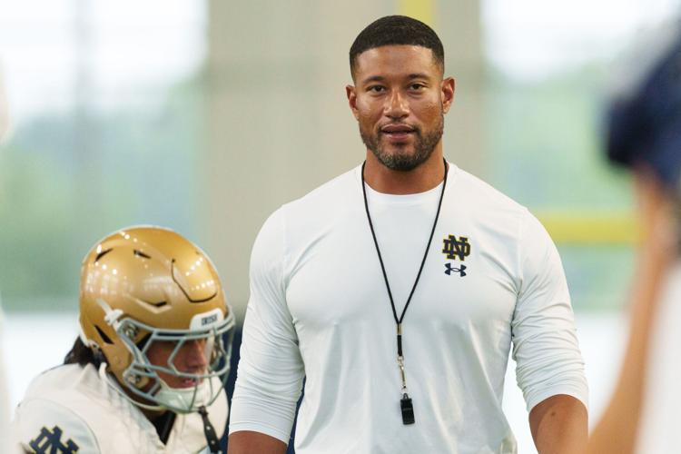 Head coach Marcus Freeman during a Notre Dame football practice at Irish Athletic Center on Sunday, Aug. 16, 2026, in South