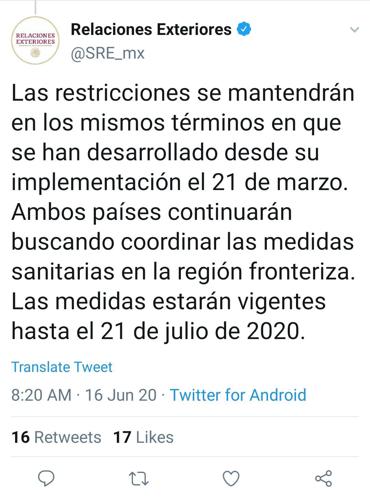 Cierre de frontera Tuit SRE