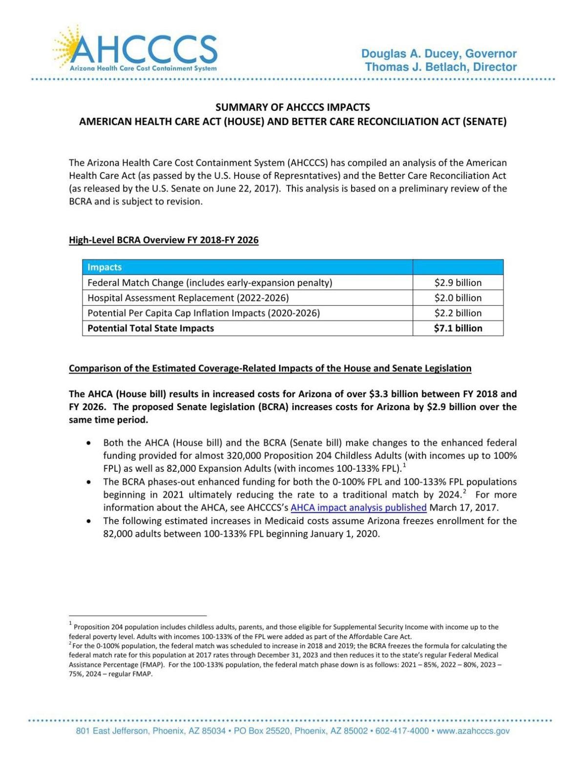 Draft Senate health bill impact on AHCCCS