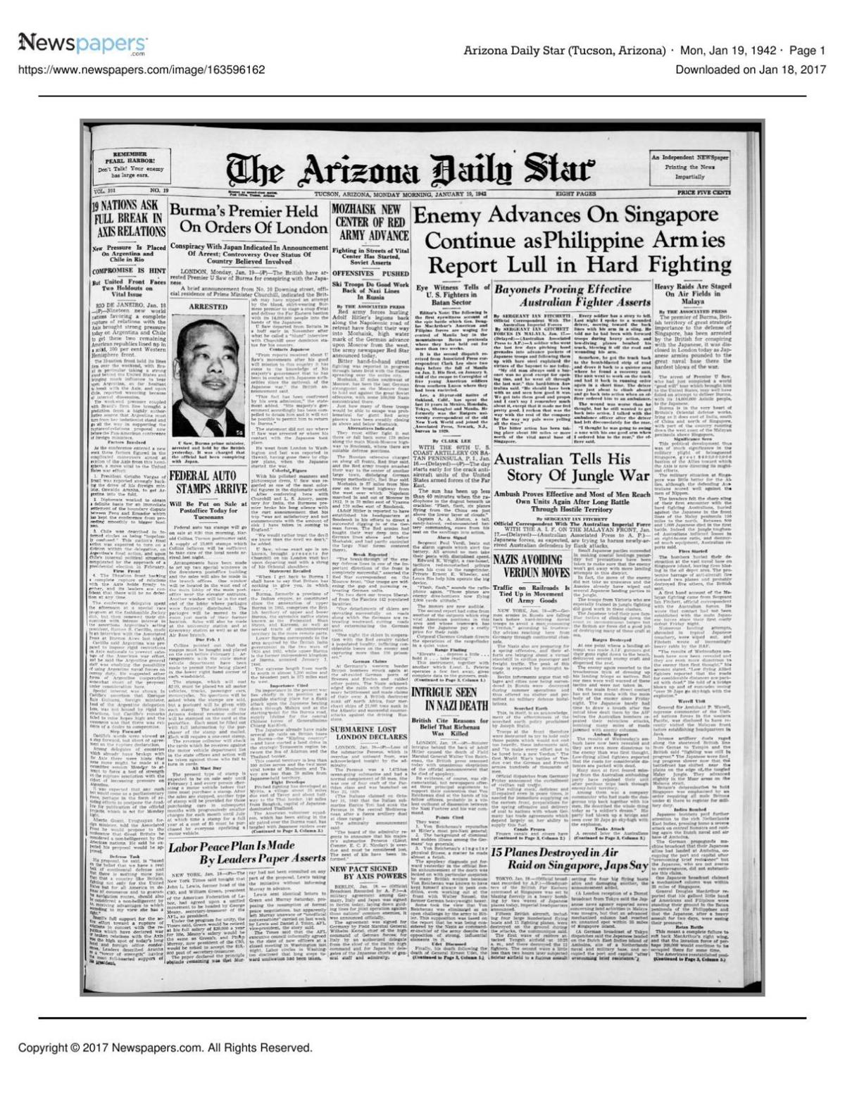Arizona Daily Star front page Jan. 19, 1942