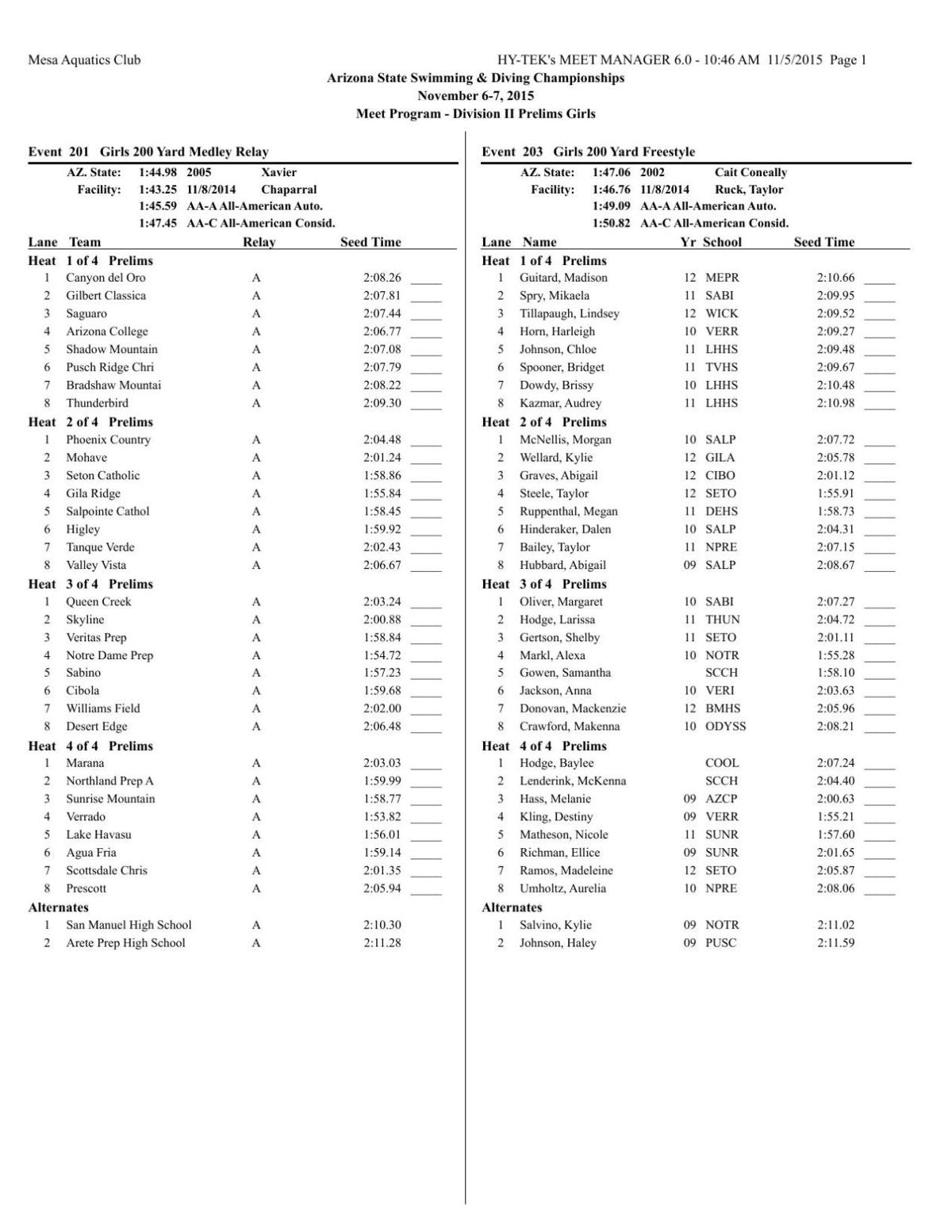 State swimming Girls Division II heat sheets