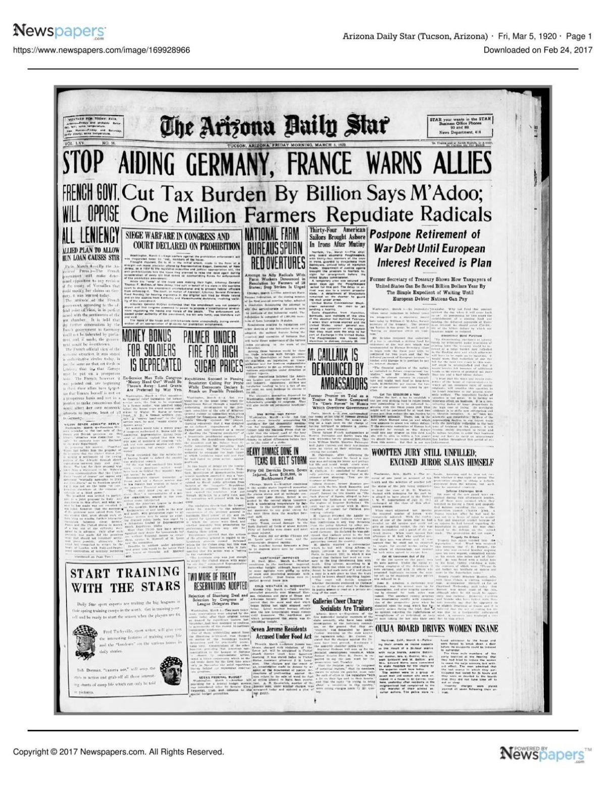 Arizona Daily Star front page March 5, 1920
