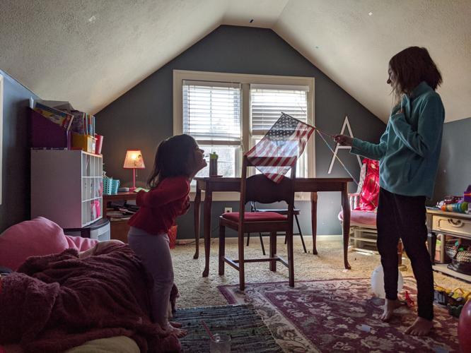 A 2020 image shows the Roys in a makeshift classroom during COVID lockdowns.
