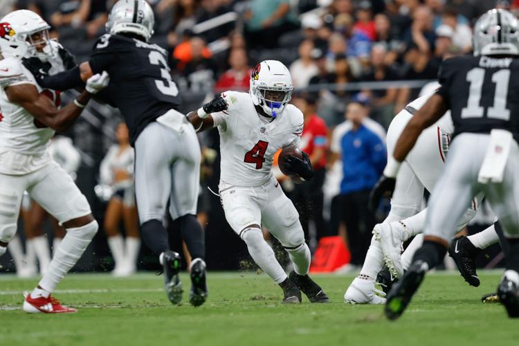 Arizona Cardinals running back Jeremiyah Love (4) runs during a preseason game against the Las Vegas Raiders at Allegiant Stadium on Aug. 13, 2026.