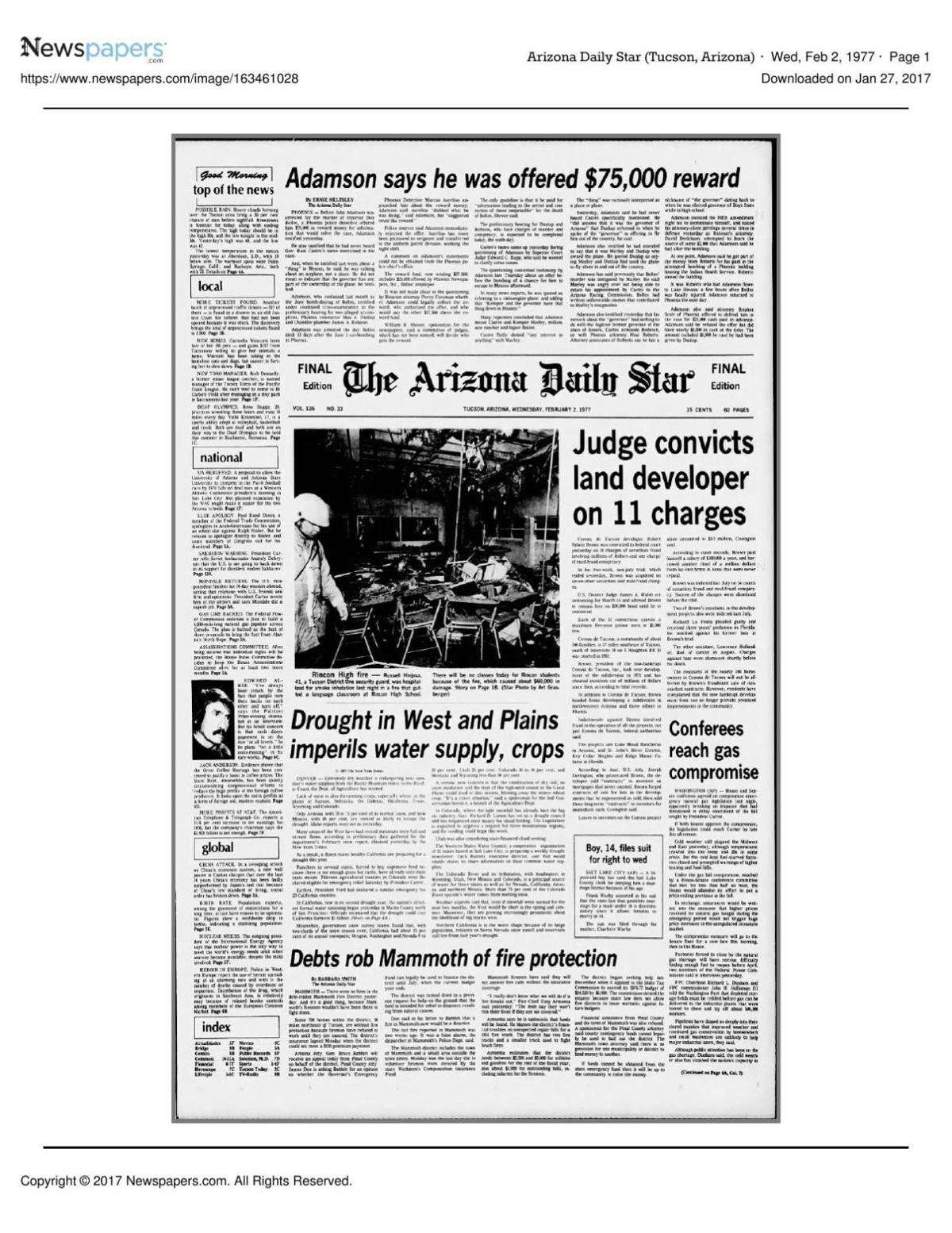 Arizona Daily Star front page Feb. 2, 1977
