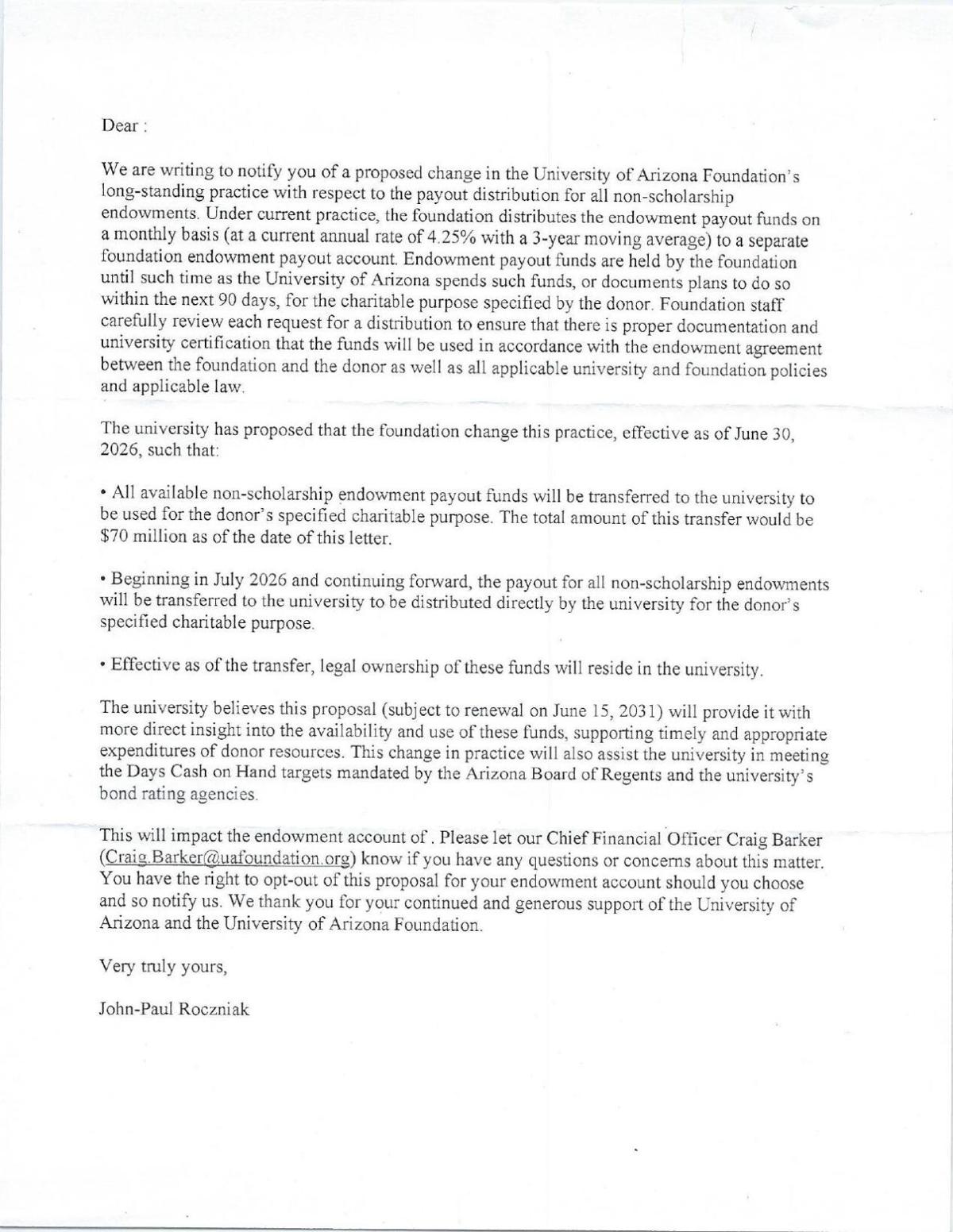 UA Foundation Letter