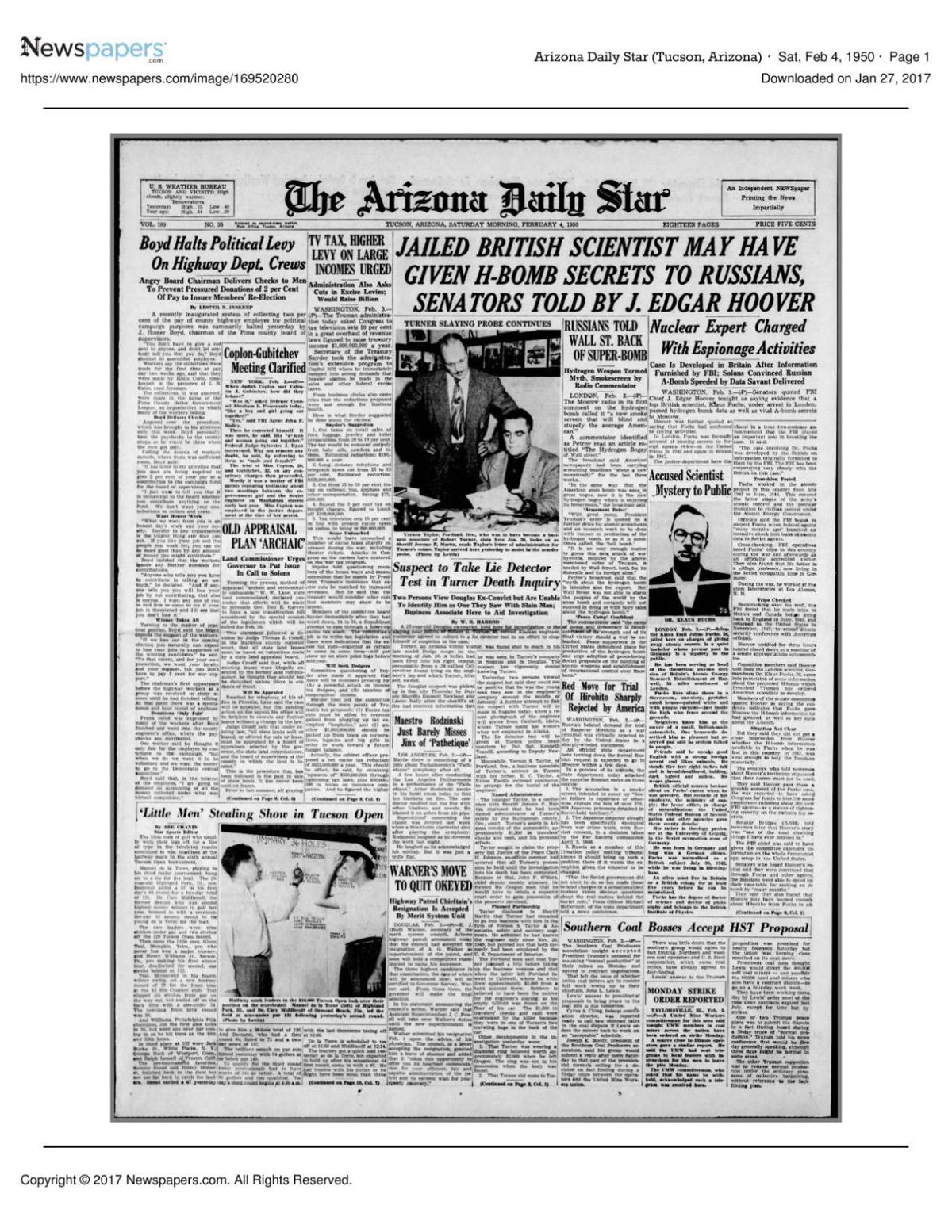 Arizona Daily Star front page Feb. 4, 1950