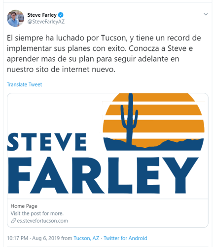 Steve Farley tweets in Spanish