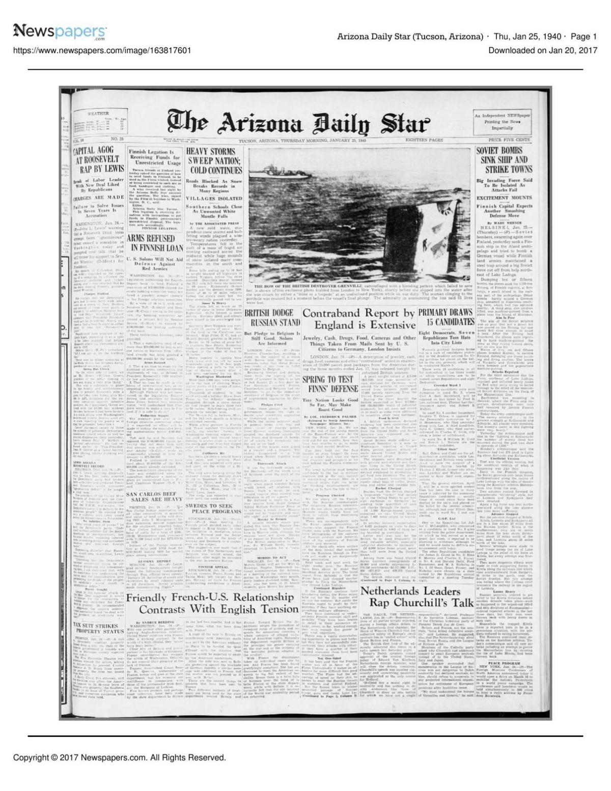 Arizona Daily Star front page Jan. 25, 1940