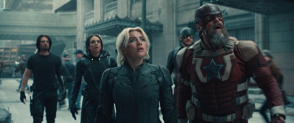 Bucky Barnes (Sebastian Stan, far left), Ghost (Hannah John-Kamen), Yelena Belova (Florence Pugh), John Walker (Wyatt Russell) and Red Guardian (David Harbour) are the unlikely supergroup of Marvel's "Thunderbolts*."