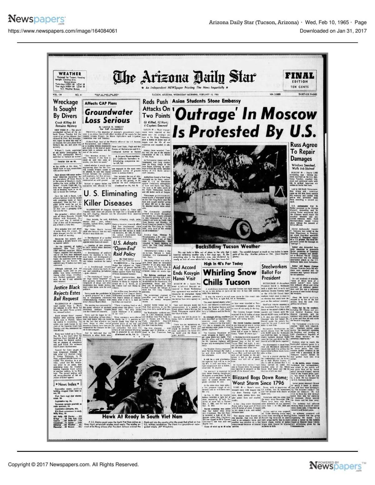 Arizona Daily Star front page Feb. 10, 1965