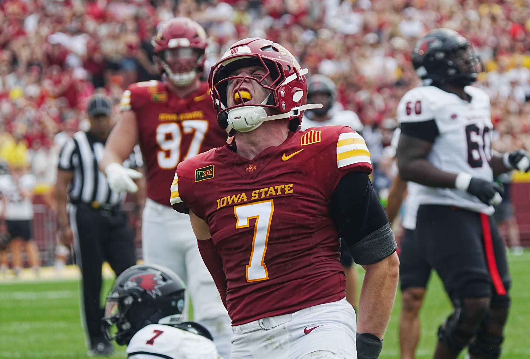 Iowa State linebacker Sullivan Schlimgen (7) celebrates after a tackle Southeast Missouri quarterback Braylen Ragland (7) during
