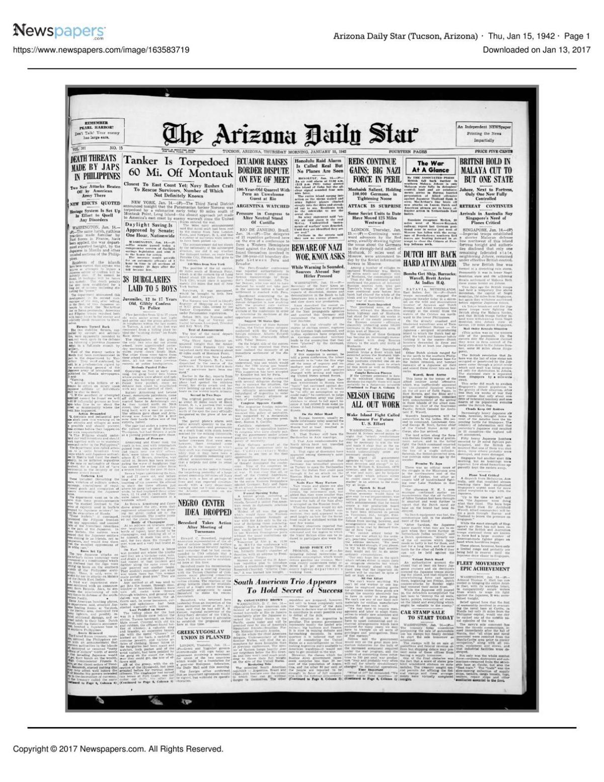 Arizona Daily Star front page Jan. 15, 1942