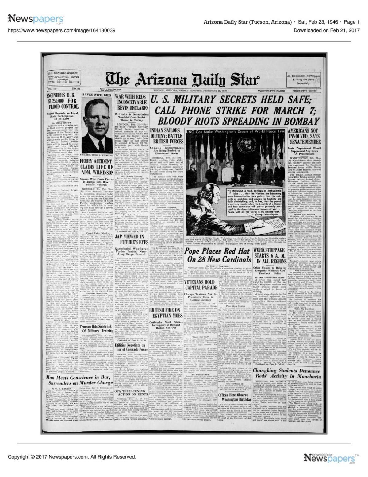 Arizona Daily Star front page Feb. 23, 1946
