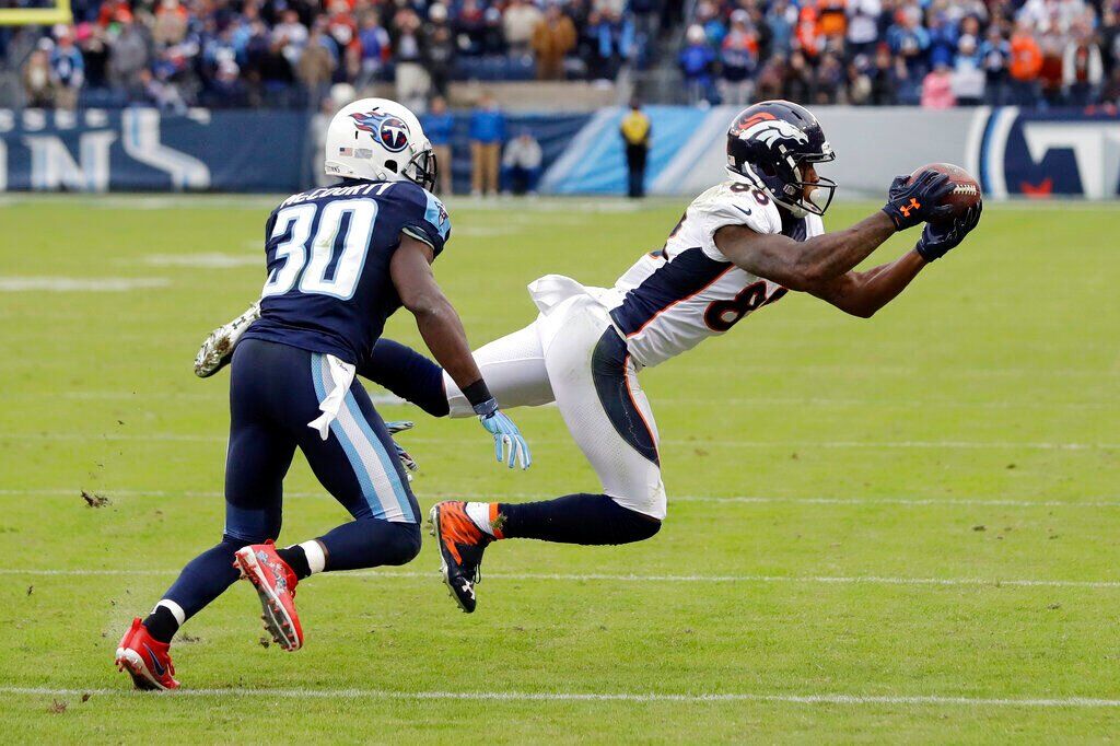 Denver, USA. September 09, 2018: Denver Broncos wide receiver Demaryius  Thomas (88) during the first quarter of an NFL matchup between the Seattle  Seahawks and the Denver Broncos at Broncos Stadium at