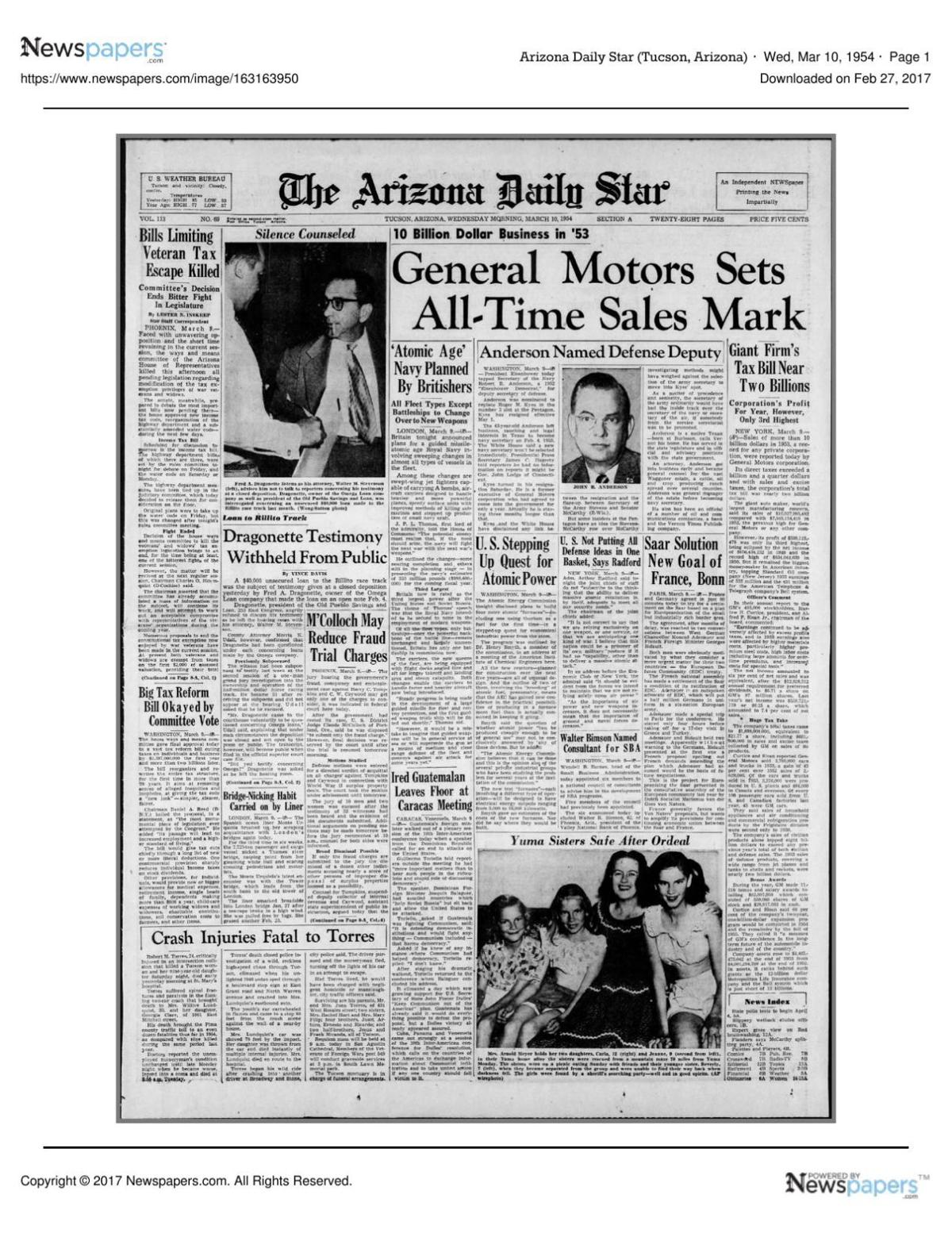 Arizona Daily Star front page March 10, 1954