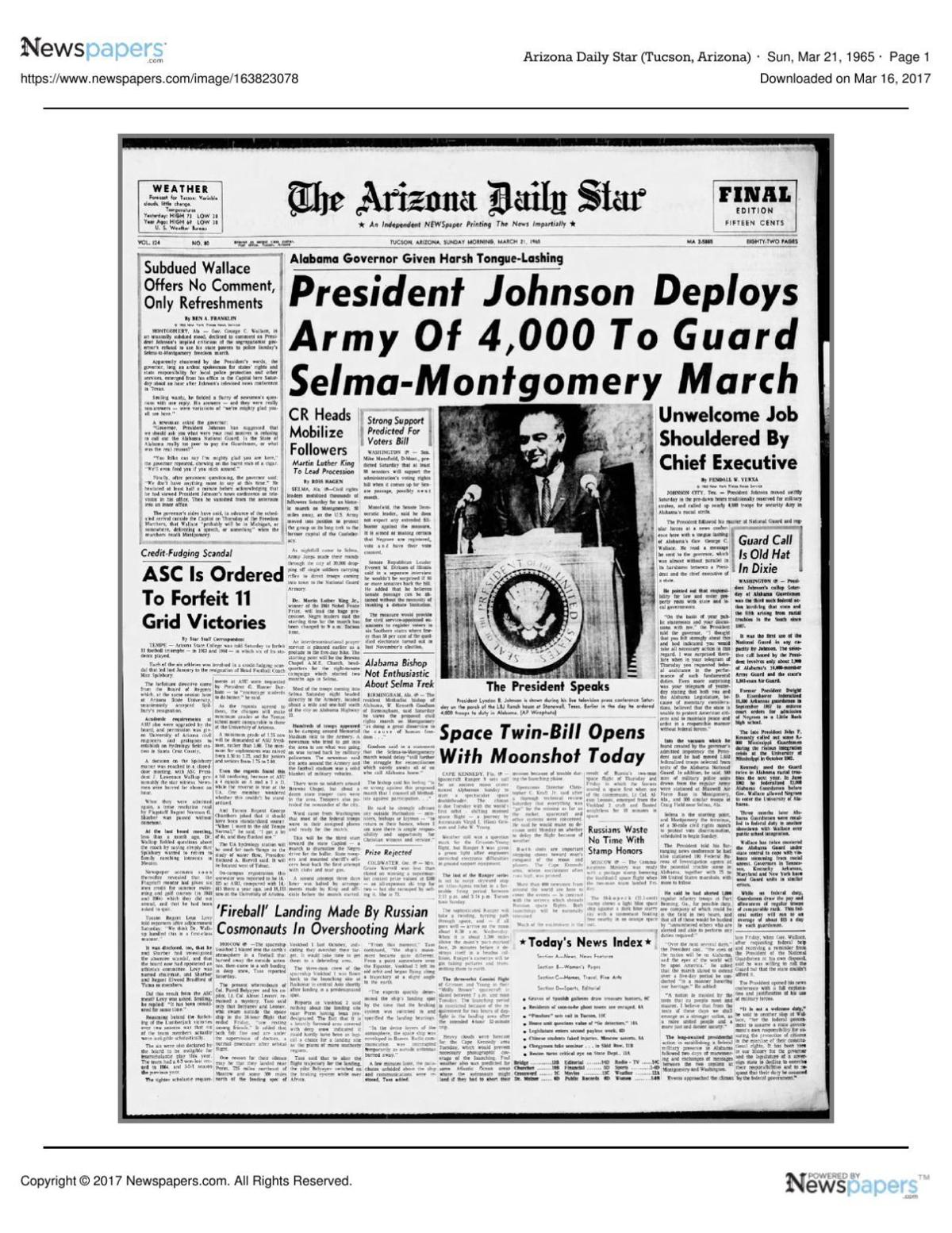 Arizona Daily Star front page March 21, 1965