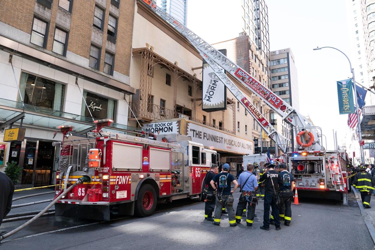 New York City firefighters respond to a fire in the Eugene O’ Neill Theatre, where "The Book of Mormon" performs, Monday, May 4, 2026, in Manhattan, New York City.