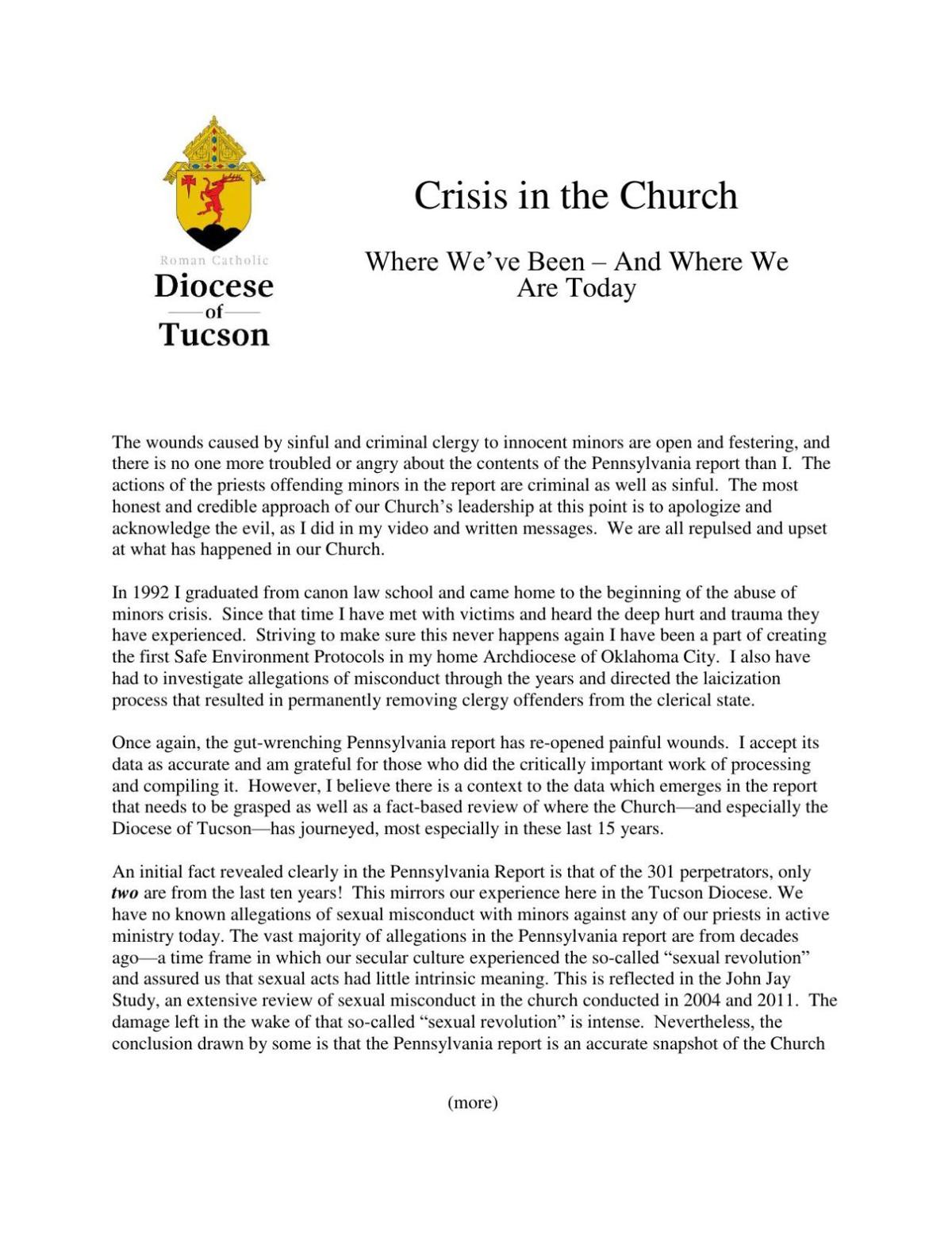 Crisis in the Church: Statement from Roman Catholic Diocese of Tucson