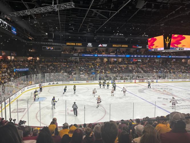 Action from the first period of Arizona State hockey vs. Michigan on Oct. 11, 2024, at Mullett Arena in Tempe.