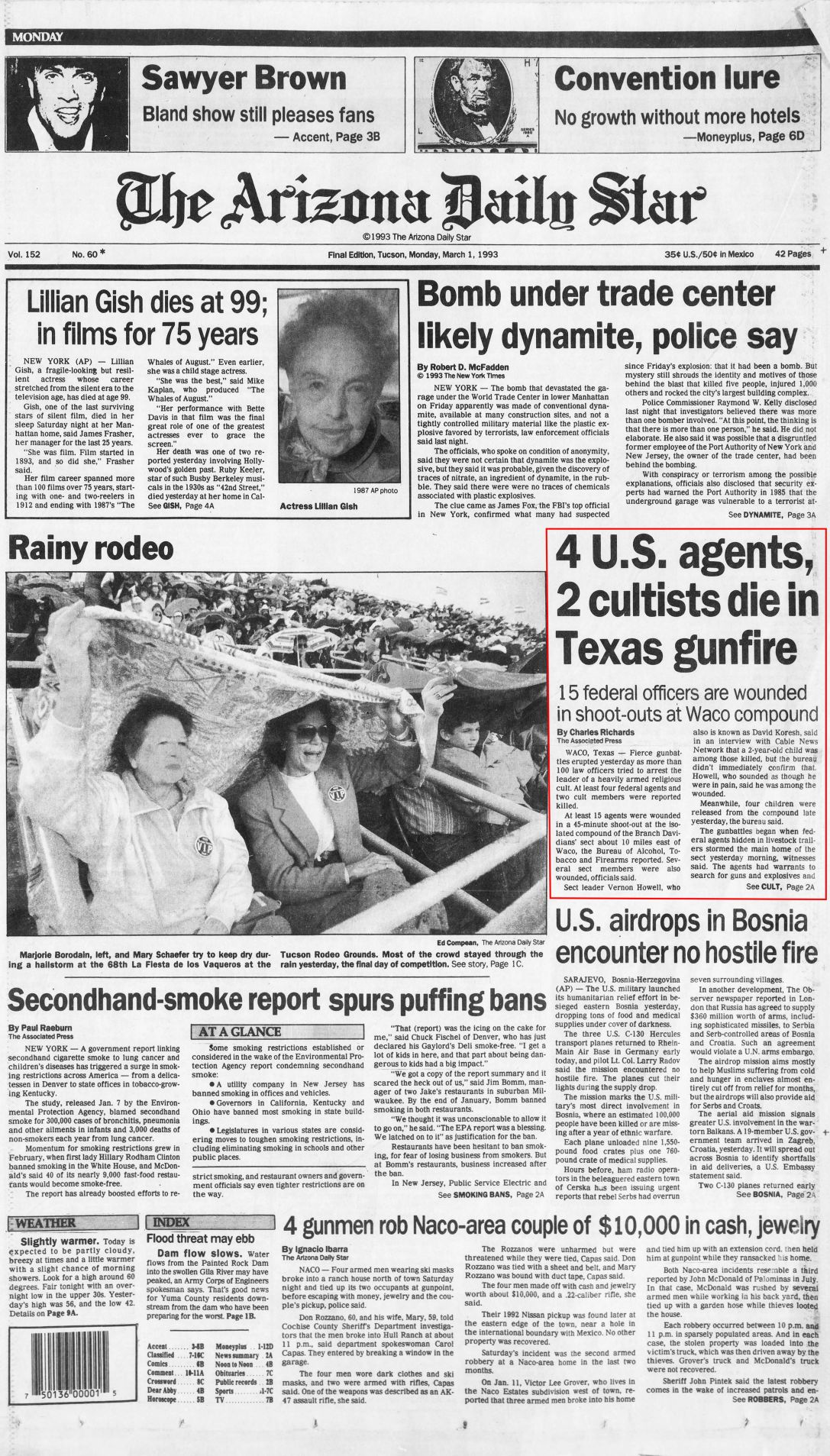 Monday, March 1, 1993, front page: Battle at Waco, Texas