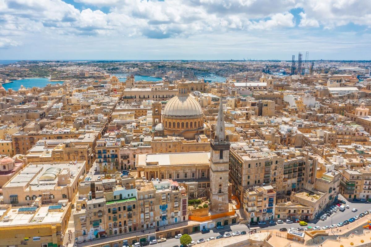 An aerial view of Lady of Mount Carmel church, St.Paul' s Cathedral in Valletta city center, Malta.