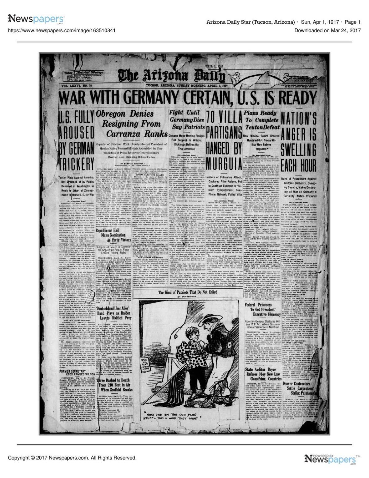 Arizona Daily Star front page April 1, 1917