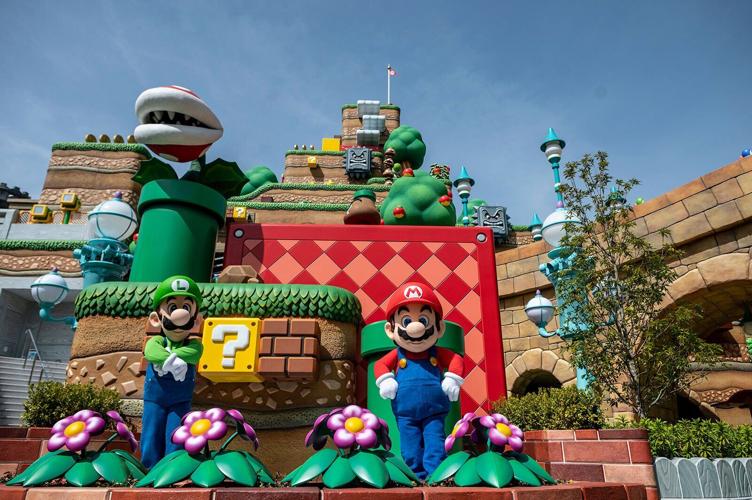 This picture taken on March 17, 2021, shows a general view of the Super Nintendo World during a media preview at Universal Studios Japan in Osaka.