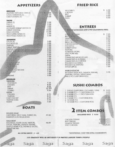 Menu at Sushi Saga