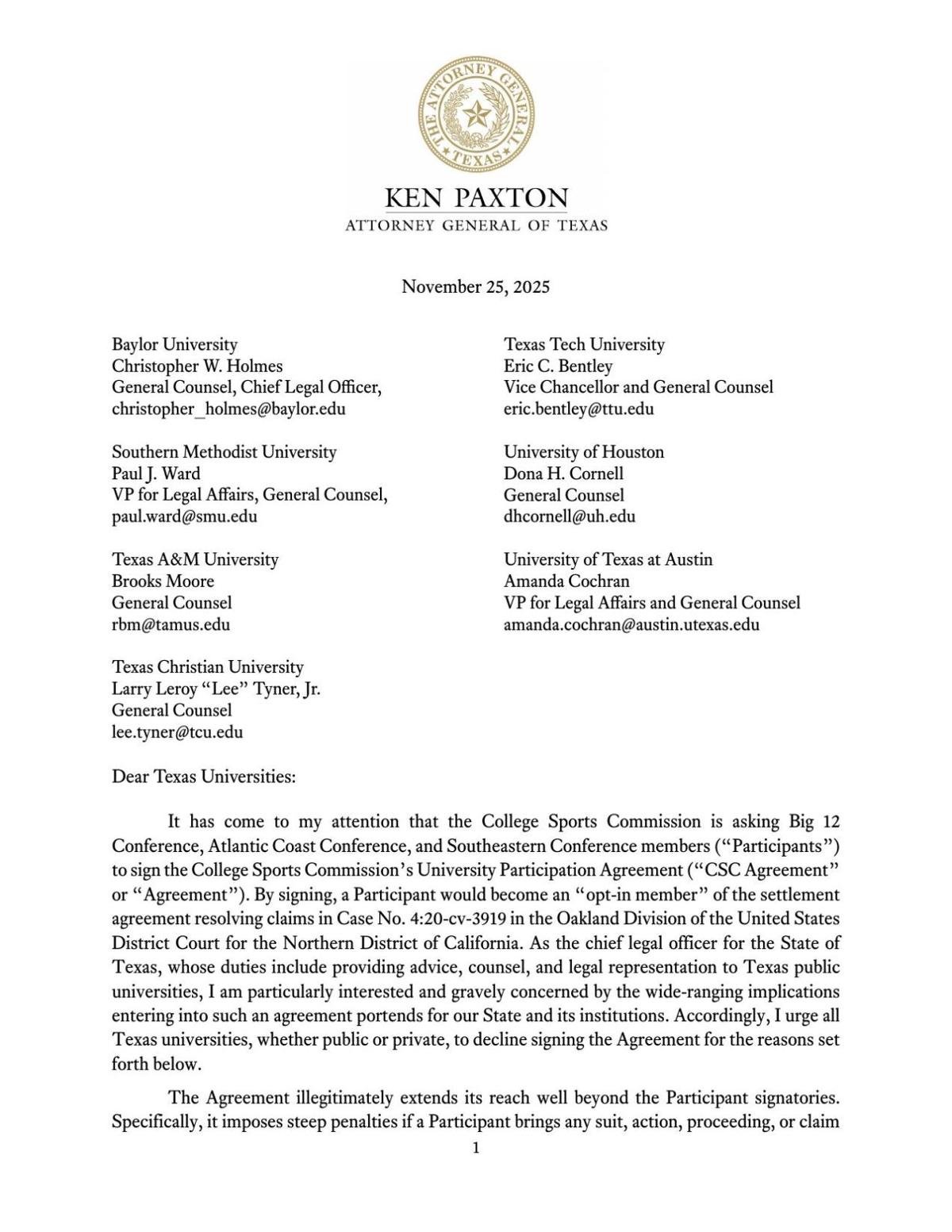 Letter from Texas AG about CSC agreement