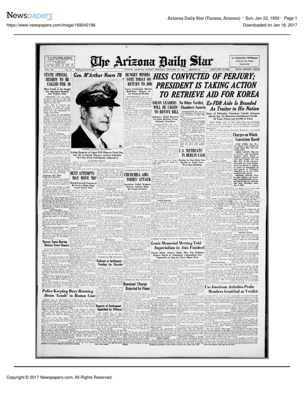 Arizona Daily Star front page Jan. 22, 1950