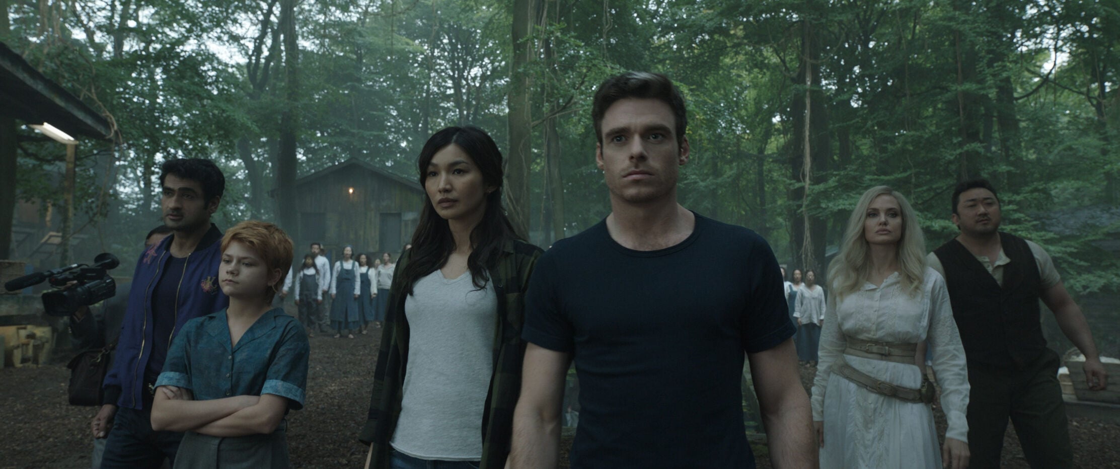 Kingo (Kumail Nanjiani, from left), Sprite (Lia McHugh), Sersi (Gemma Chan), Ikaris (Richard Madden), Thena (Angelina Jolie) and Gilgamesh (Don Lee) get the band back together in "Eternals."