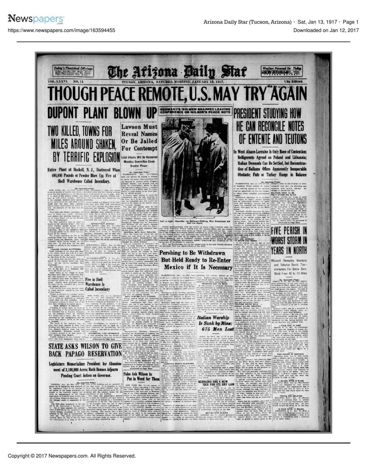 Arizona Daily Star front page Jan. 13, 1917