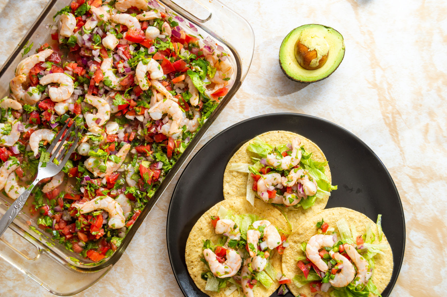 Shrimp and avocado ceviche makes a fine meal on a hot
