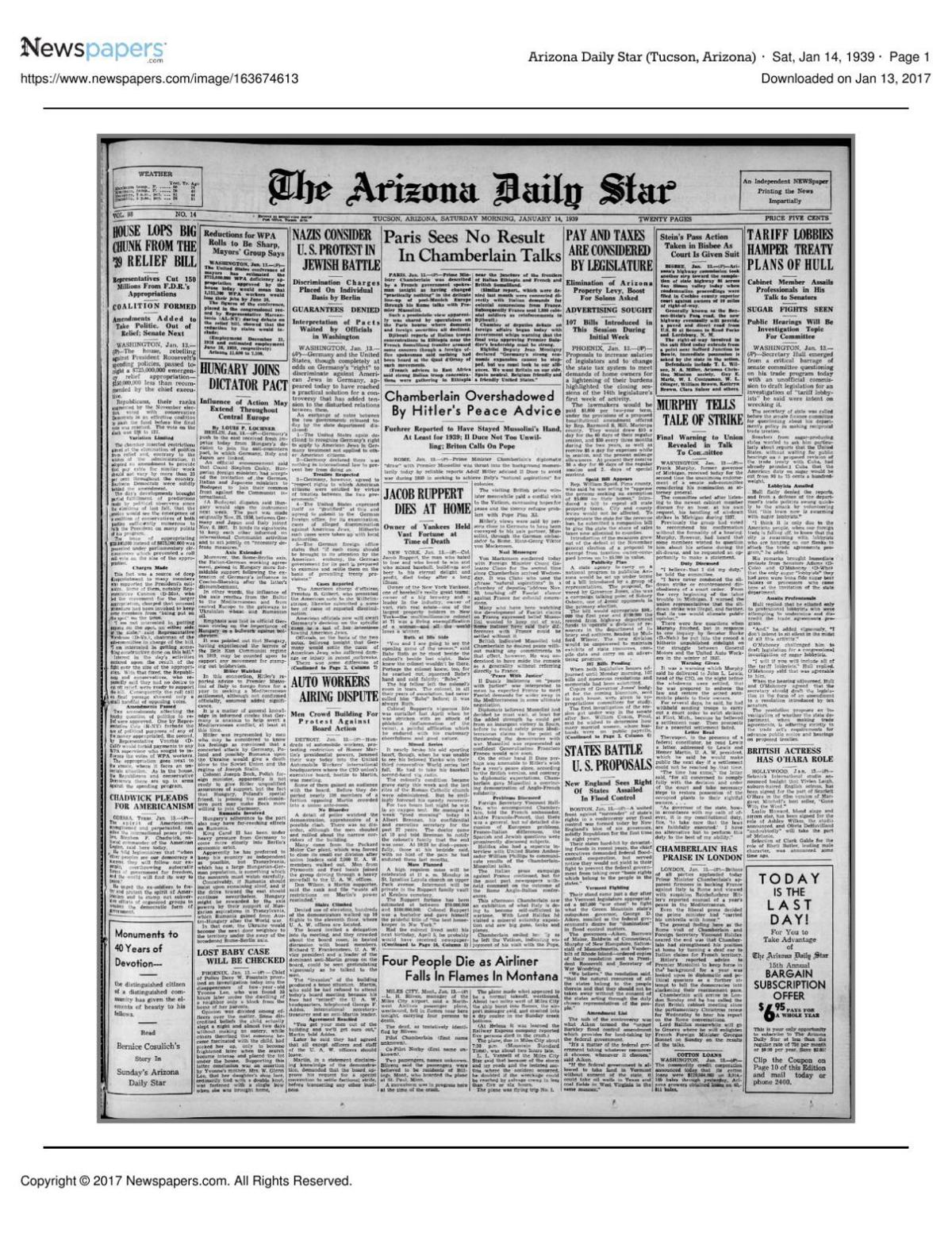 Arizona Daily Star front page Jan. 14, 1939