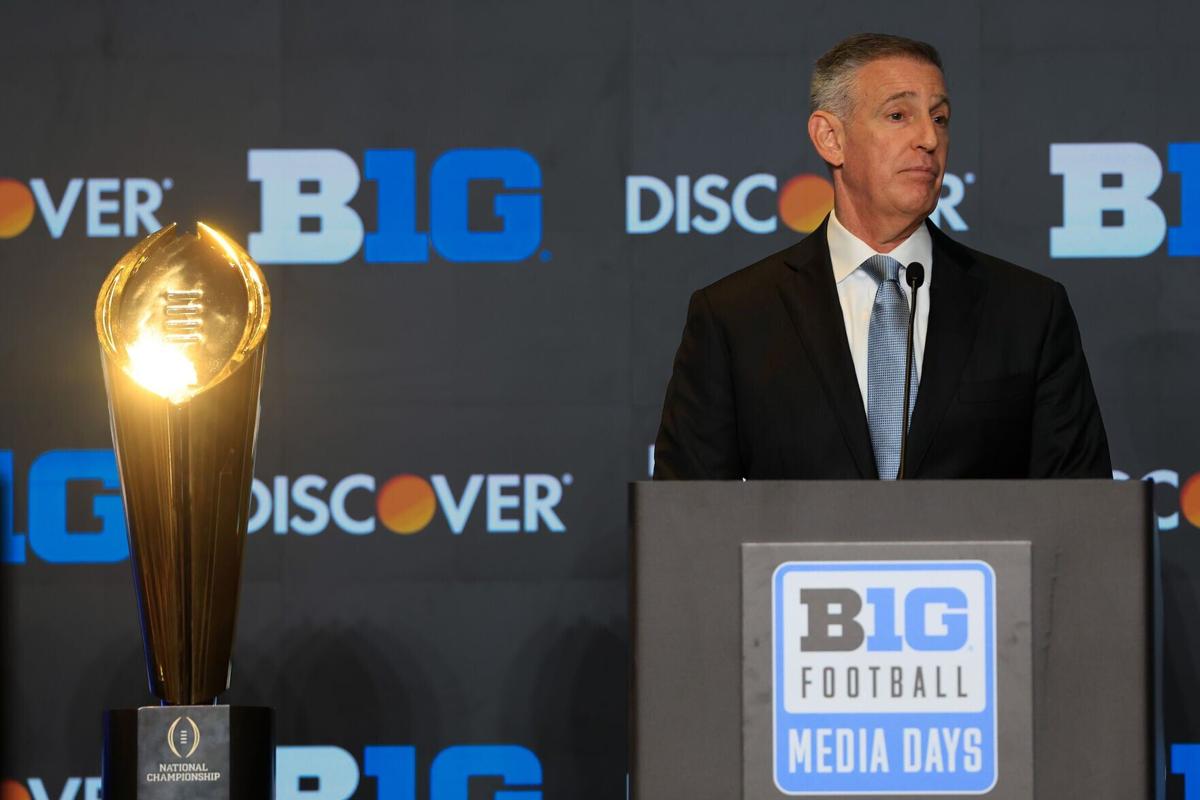 Tony Petitti, Big Ten commissioner, speaks to the media during the 2026 Big Ten Football Media Days at Hilton Chicago on Tuesday, July 28, 2026, in Chicago.