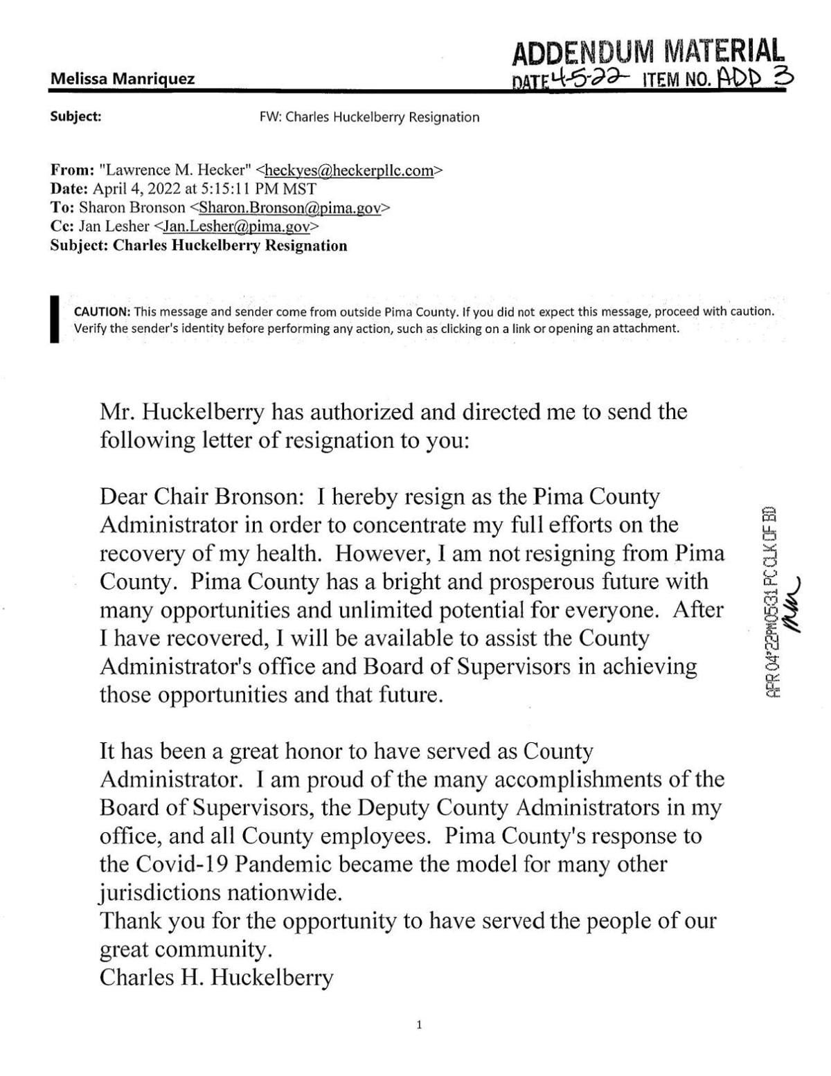 Huckelberry resignation letter