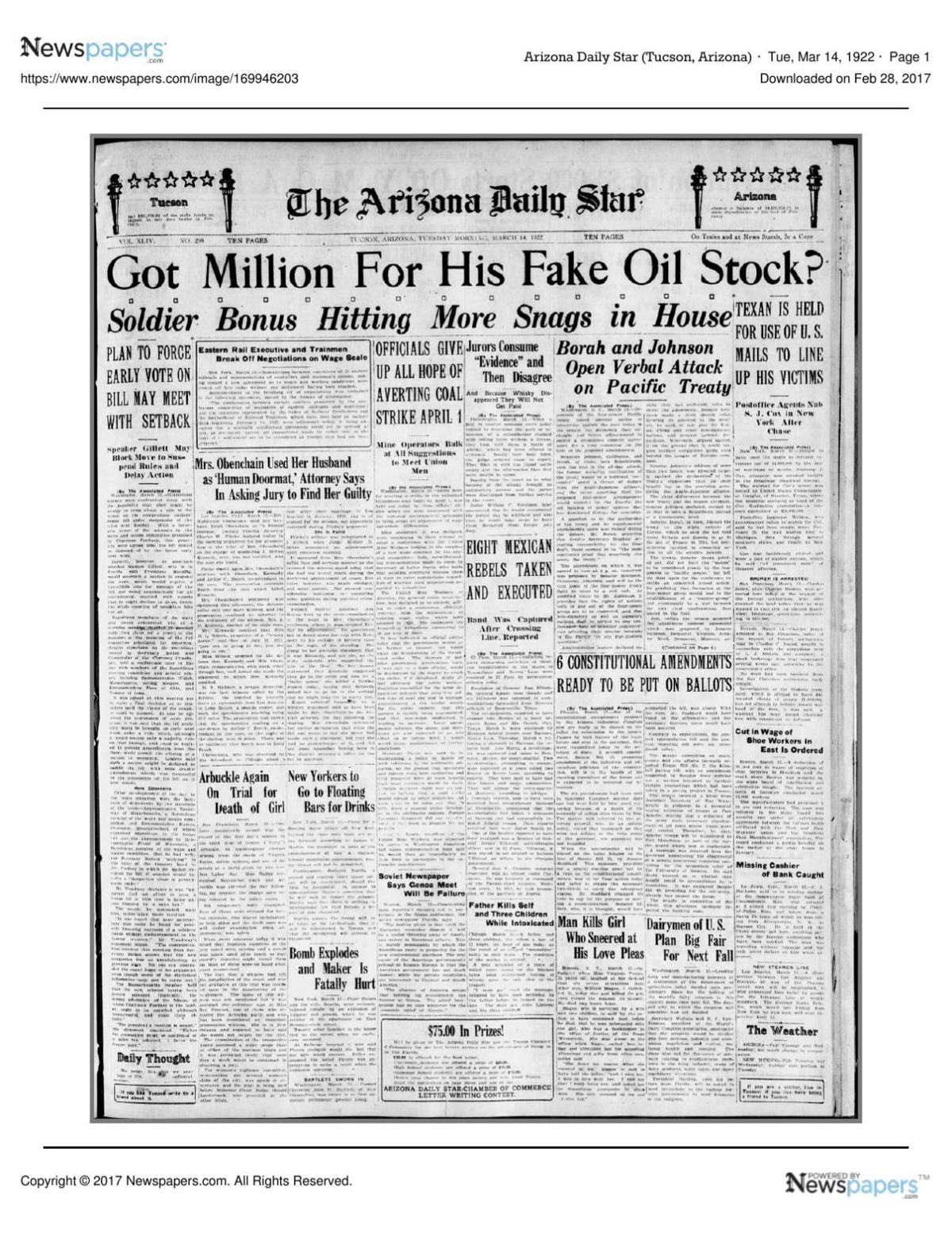 Arizona Daily Star front page March 14, 1922