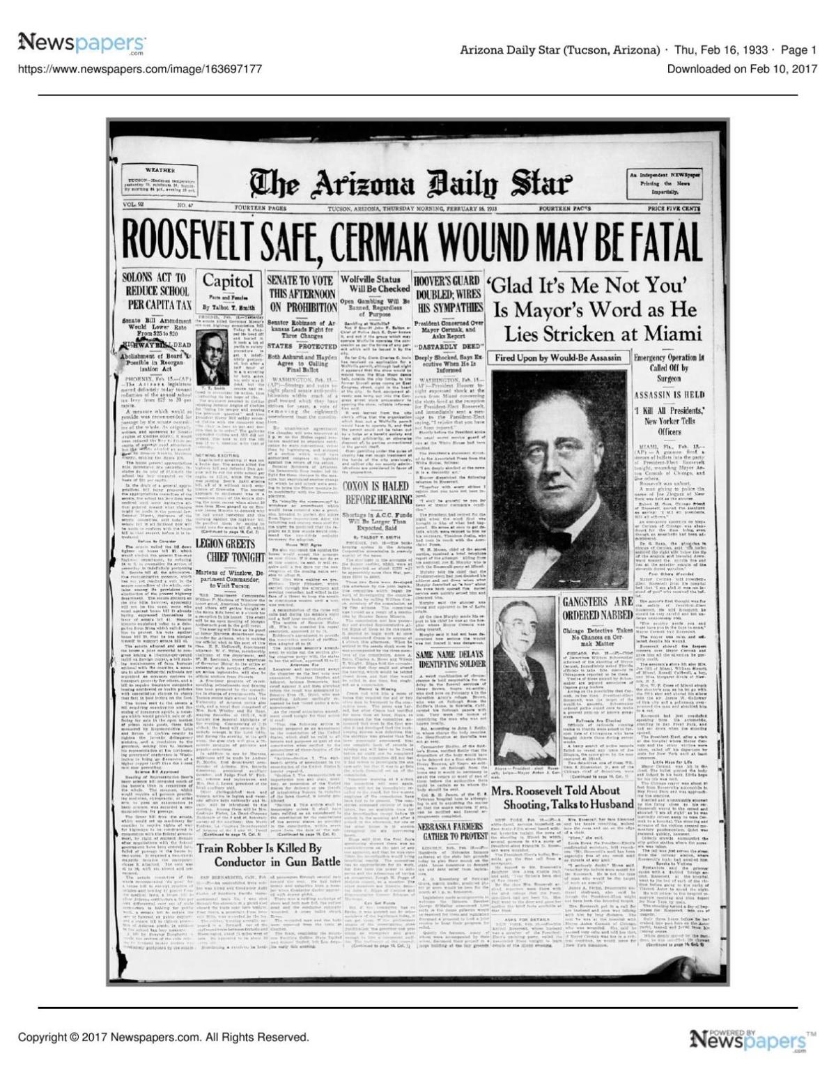 Arizona Daily Star front page Feb. 16, 1933
