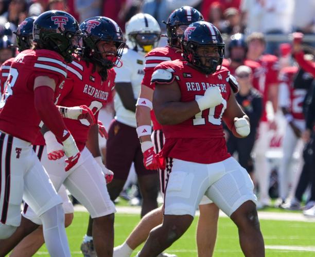 Texas Tech's A.J. Holmes Jr. celebrates a tackle during a Big 12 Conference football game, Saturday, Oct. 17, 2026, at Galaxy