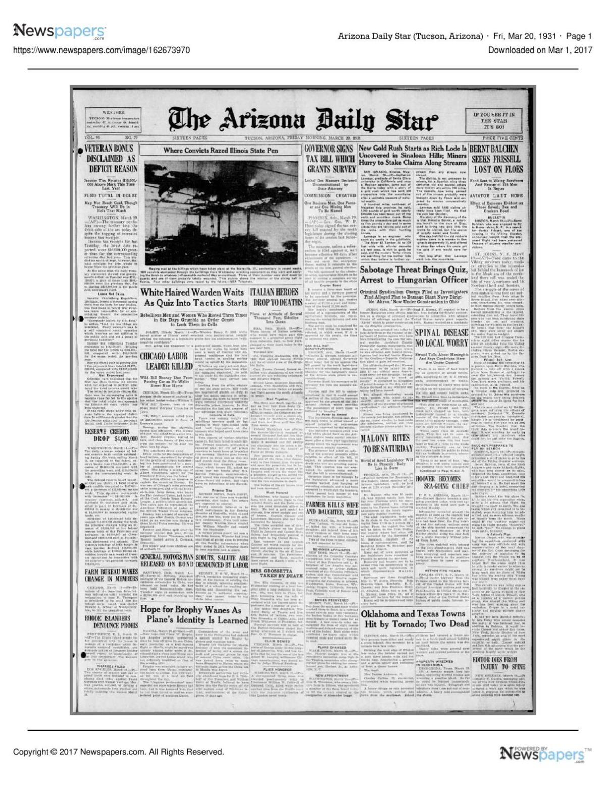 Arizona Daily Star front page March 20, 1931