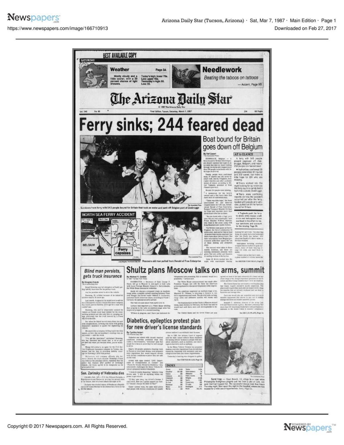 Arizona Daily Star front page March 7, 1987