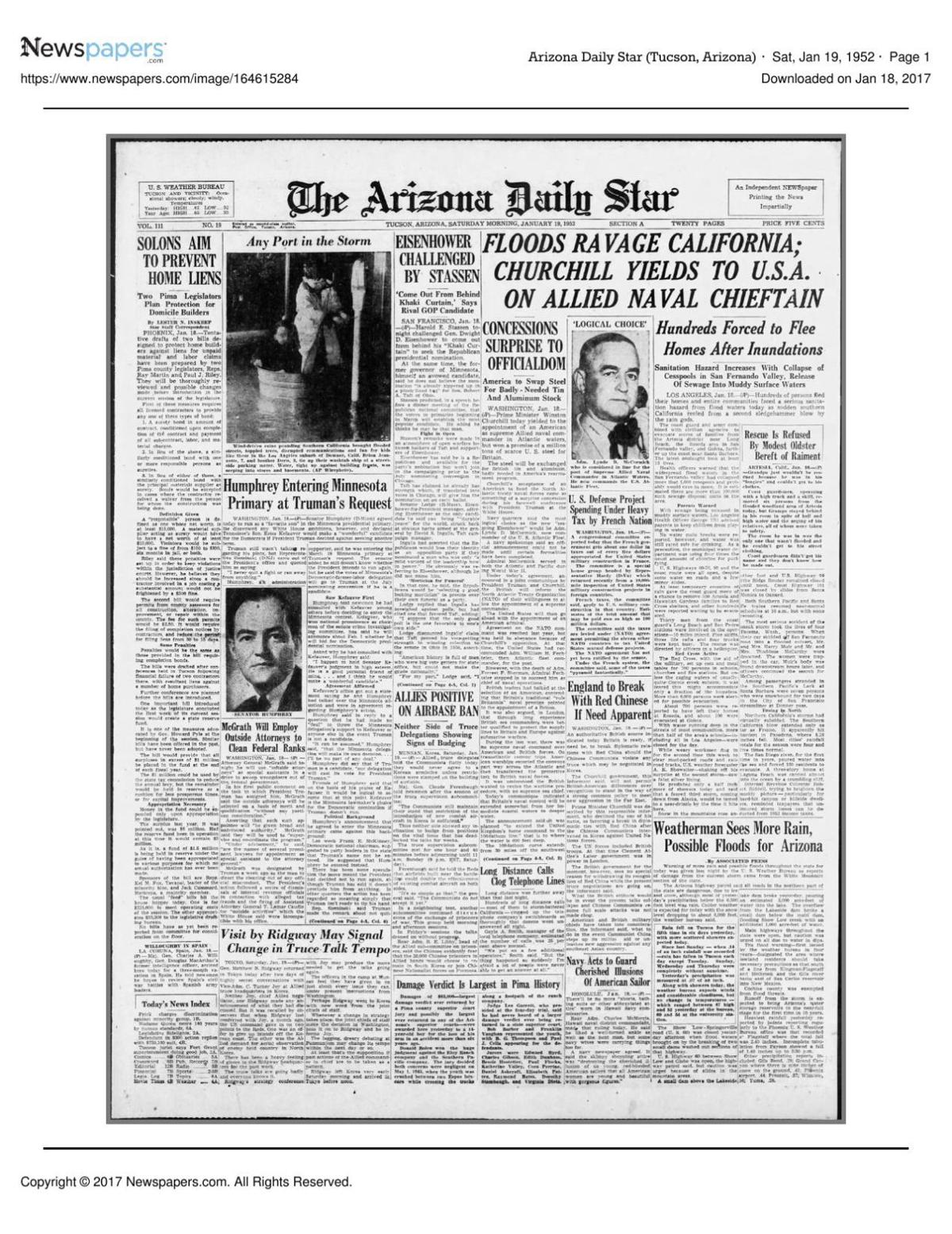 Arizona Daily Star front page Jan. 19, 1952