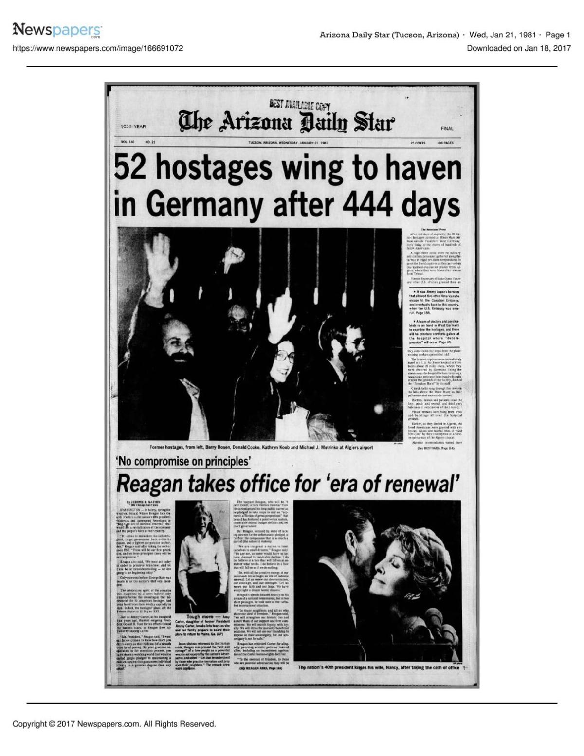 Arizona Daily Star front page Jan. 21, 1981