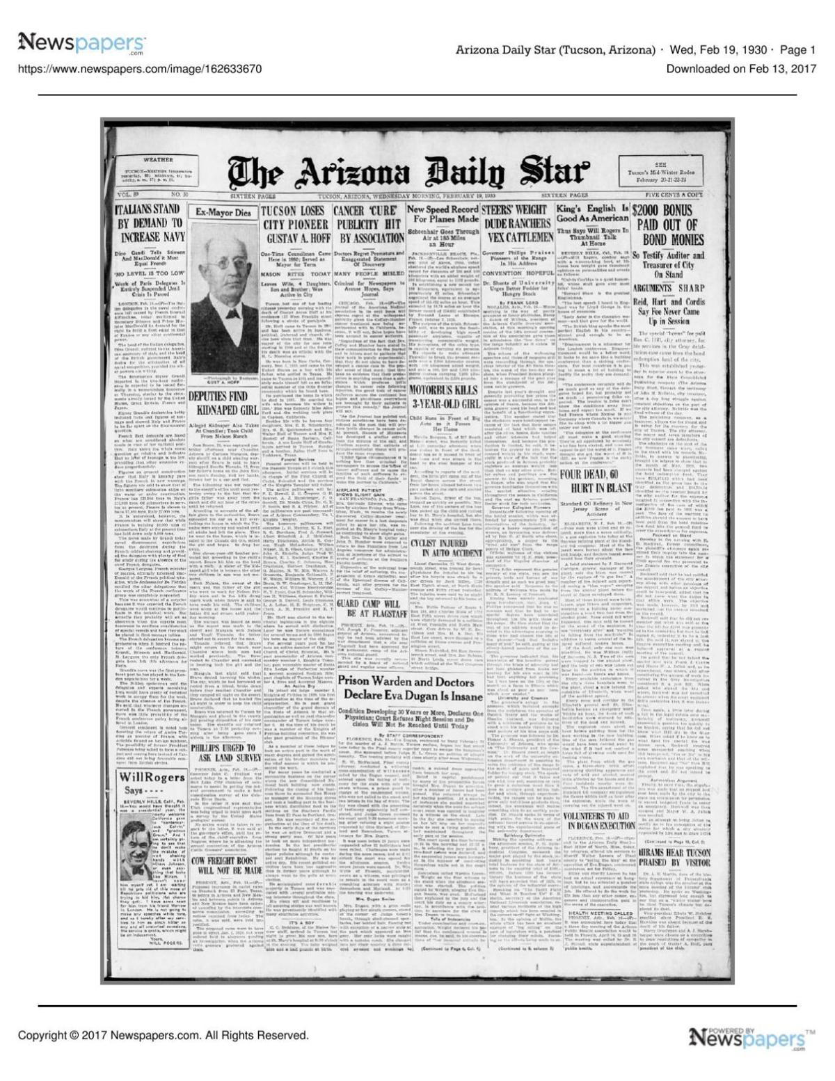 Arizona Daily Star front page Feb. 19, 1930