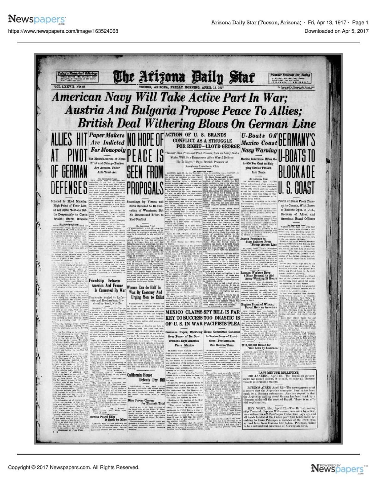 Arizona Daily Star front page April 13, 1917.pdf