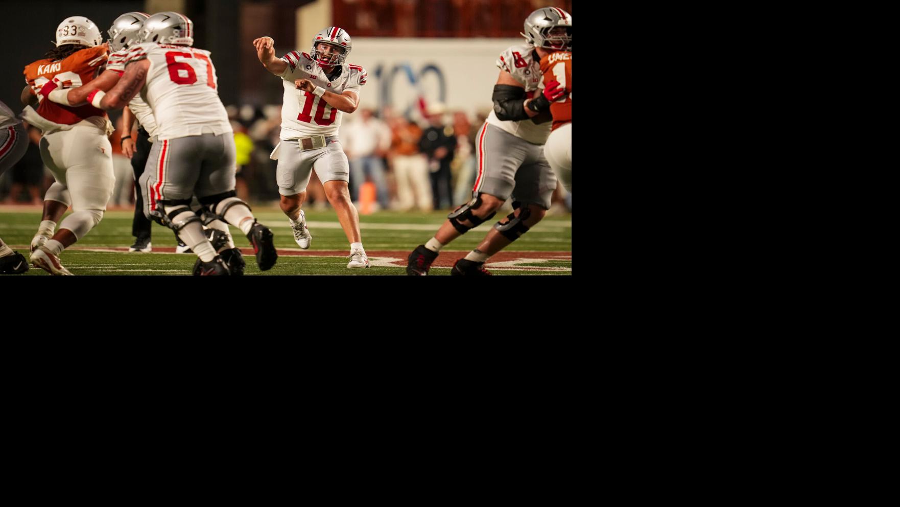 Ohio State Buckeyes quarterback Julian Sayin (10) throws during the NCAA football game against the Texas Longhorns at Darrell K