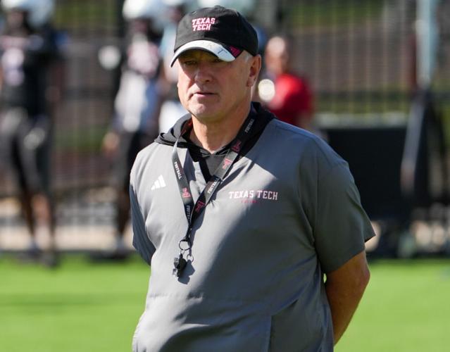 Texas Tech head coach Joey McGuire looks on during football practice, Thursday, Aug. 13, 2026, at the Womble Football Center.