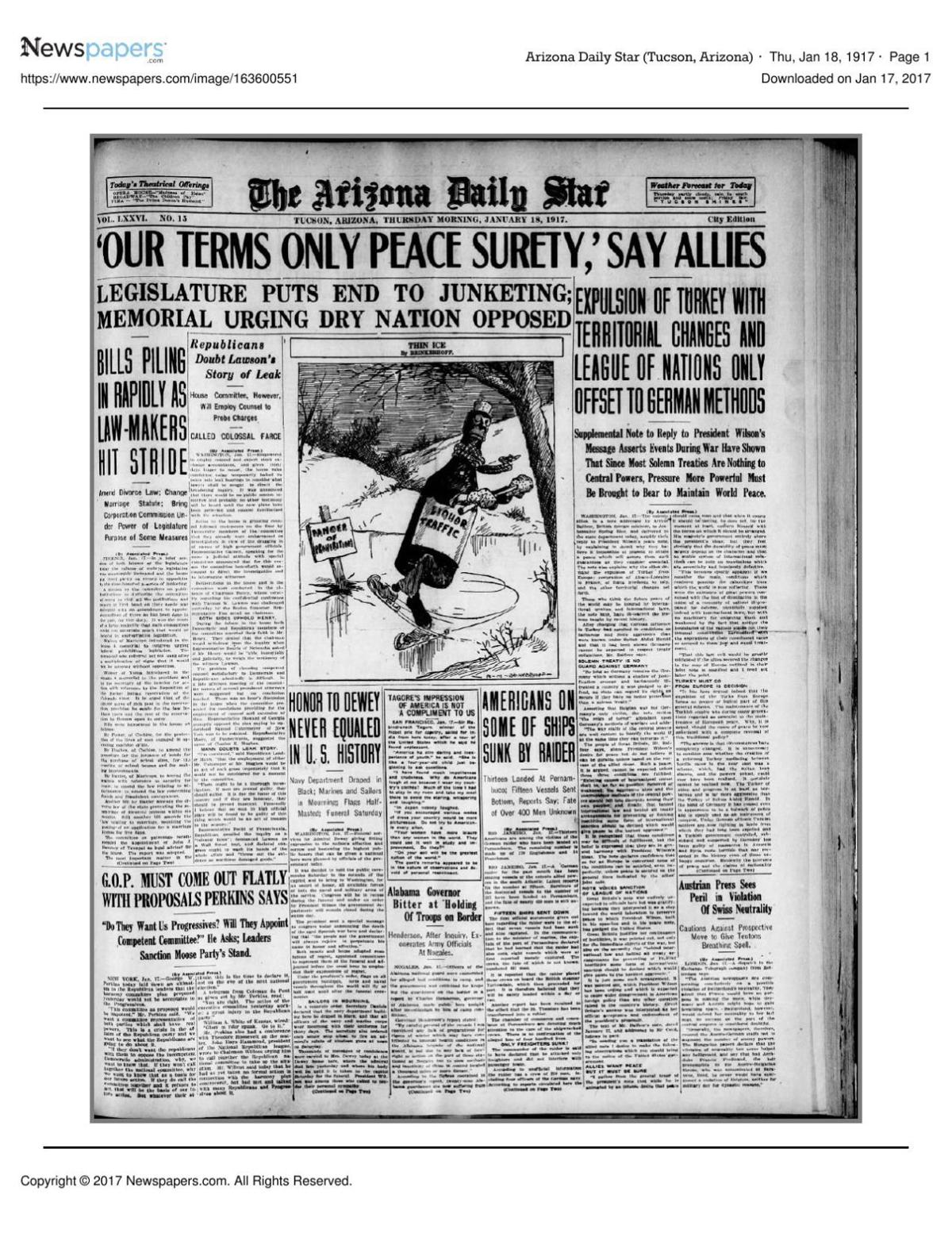 Arizona Daily Star front page Jan. 18, 1917