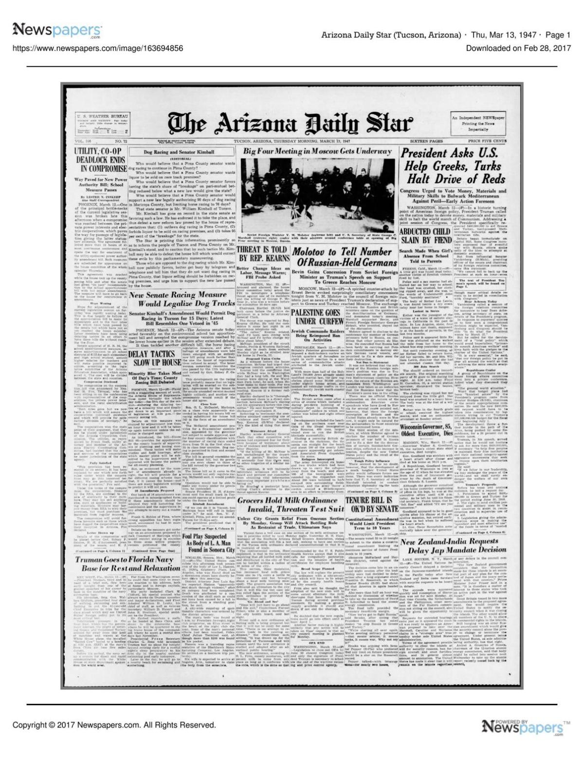 Arizona Daily Star front page March 13, 1947